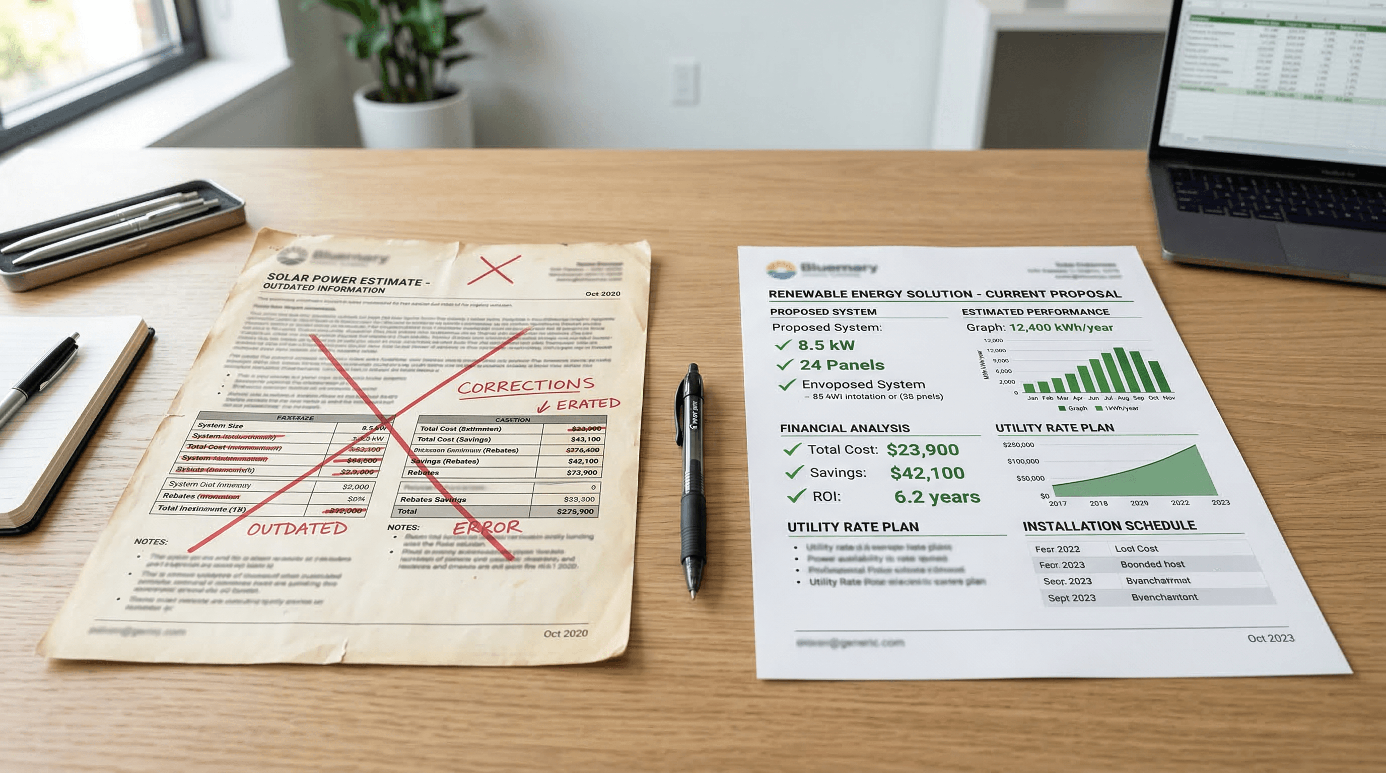 Side-by-side comparison of outdated solar estimate versus NuWatt's accurate, data-driven estimate