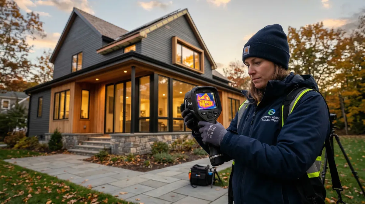 Professional energy auditor using thermal imaging on a residential home
