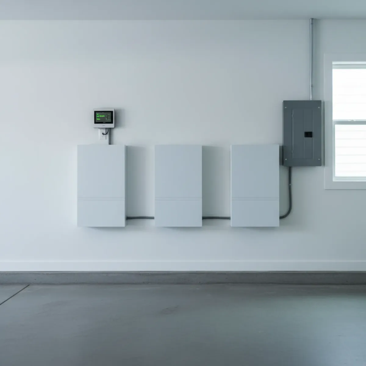 Three home batteries stacked on a residential garage wall