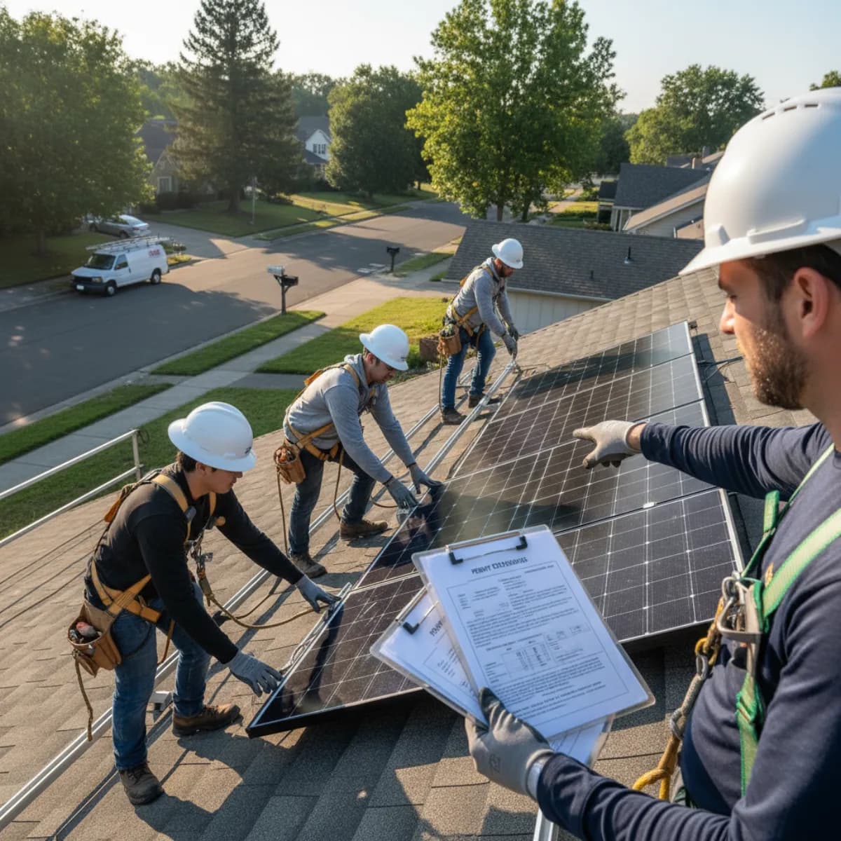 Solar installation timeline infographic showing permit, install, inspection, and PTO phases across US states