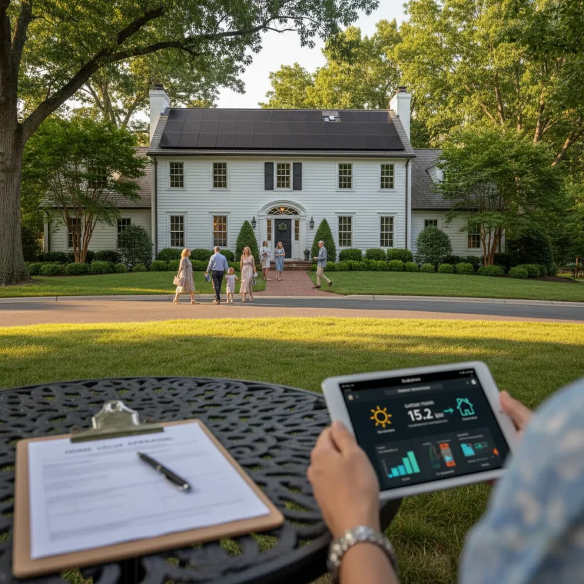 Suburban home with rooftop solar panels and a real estate for-sale sign
