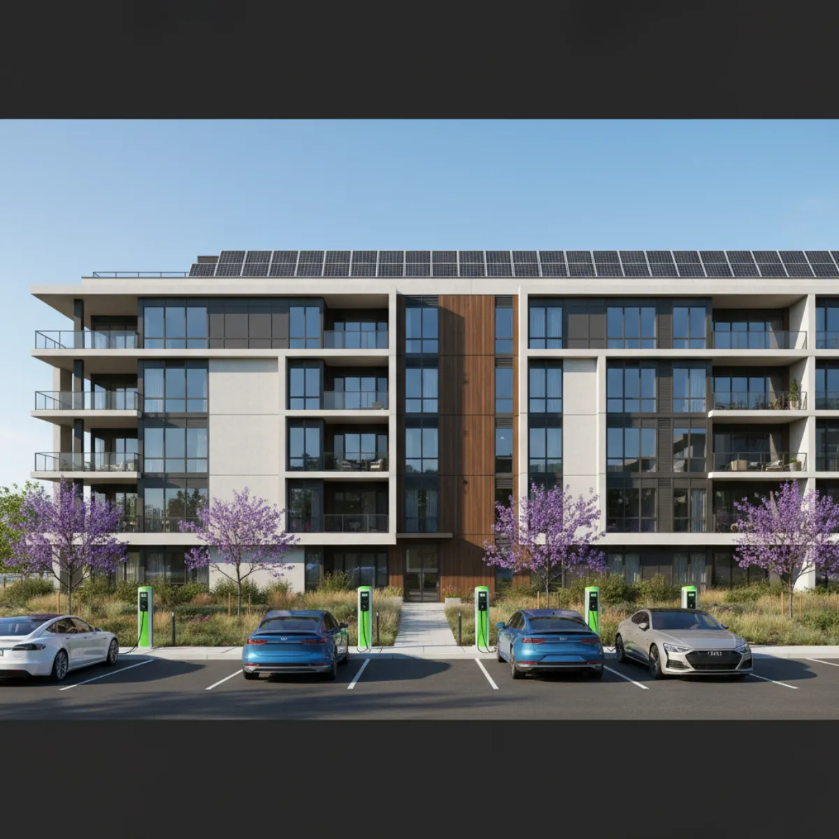 Condo building with rooftop solar panels and EV chargers in parking area
