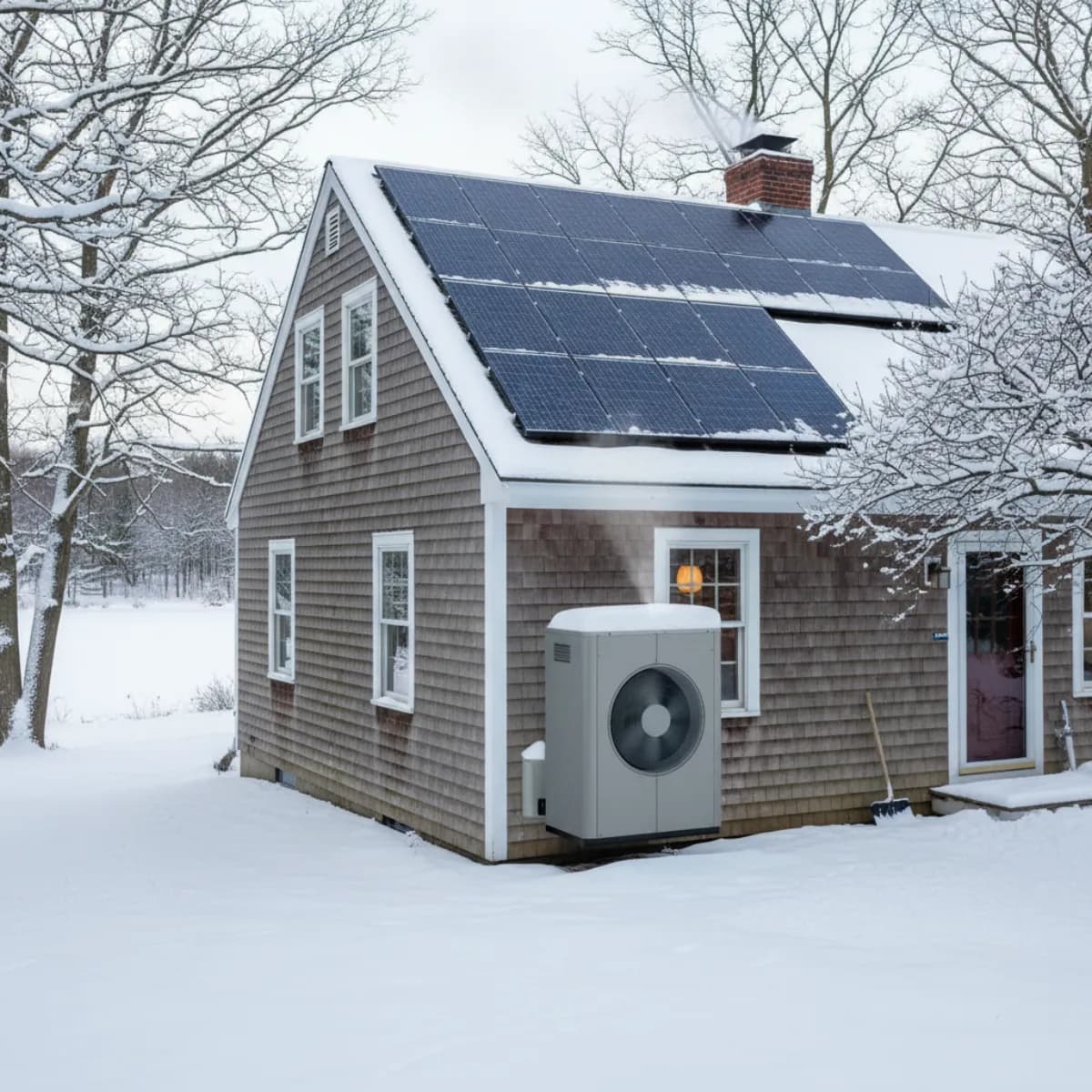 Residential roof with solar panels and a cold-climate heat pump outdoor unit