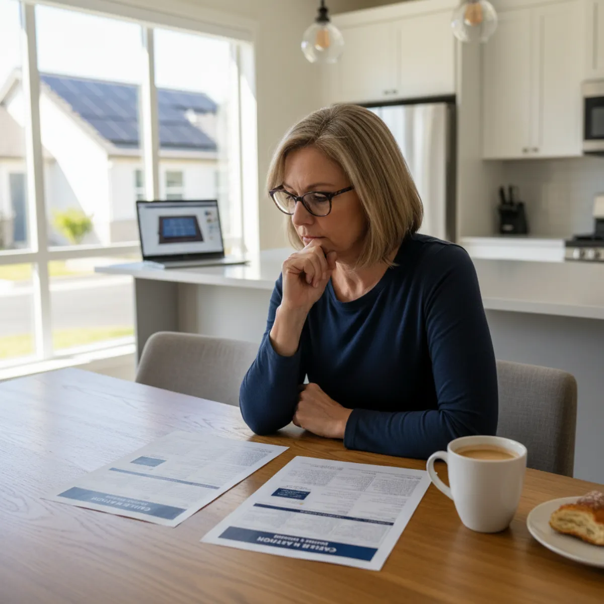 Homeowner comparing two solar installation proposals at a kitchen table