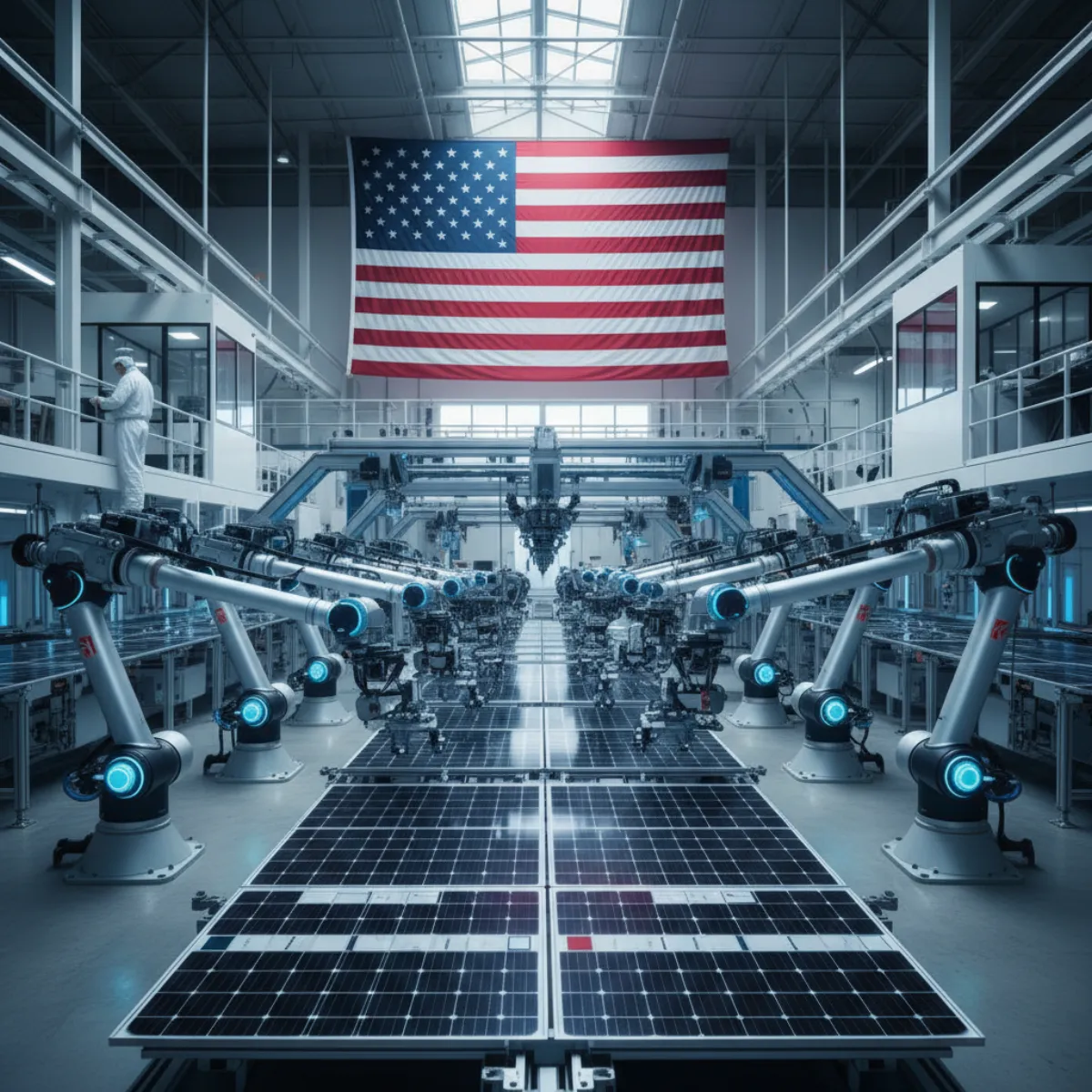 US-manufactured solar panels on a factory assembly line with American flag backdrop