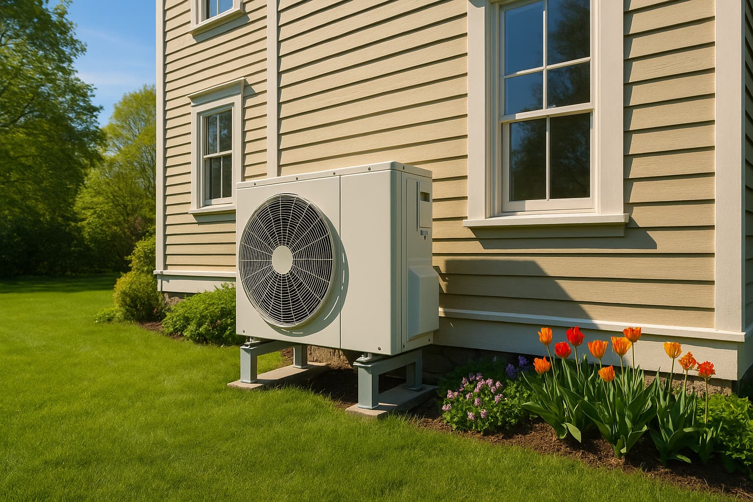 Modern heat pump outdoor unit on Massachusetts home — zero CO emissions