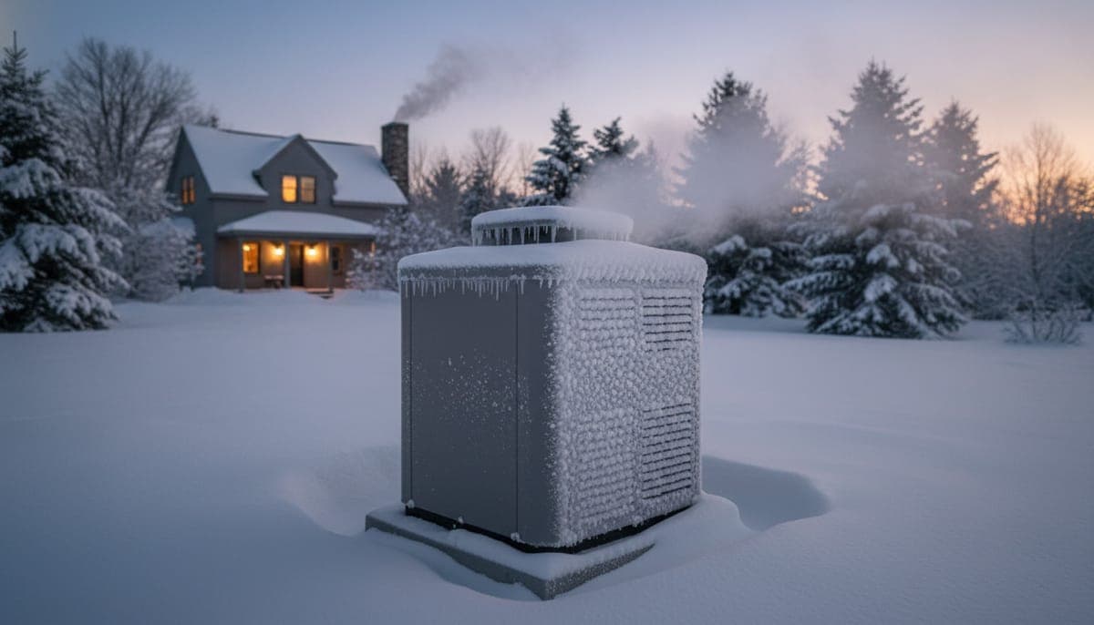 Heat pump outdoor unit on a concrete pad surrounded by snow — cold-climate residential install in New England