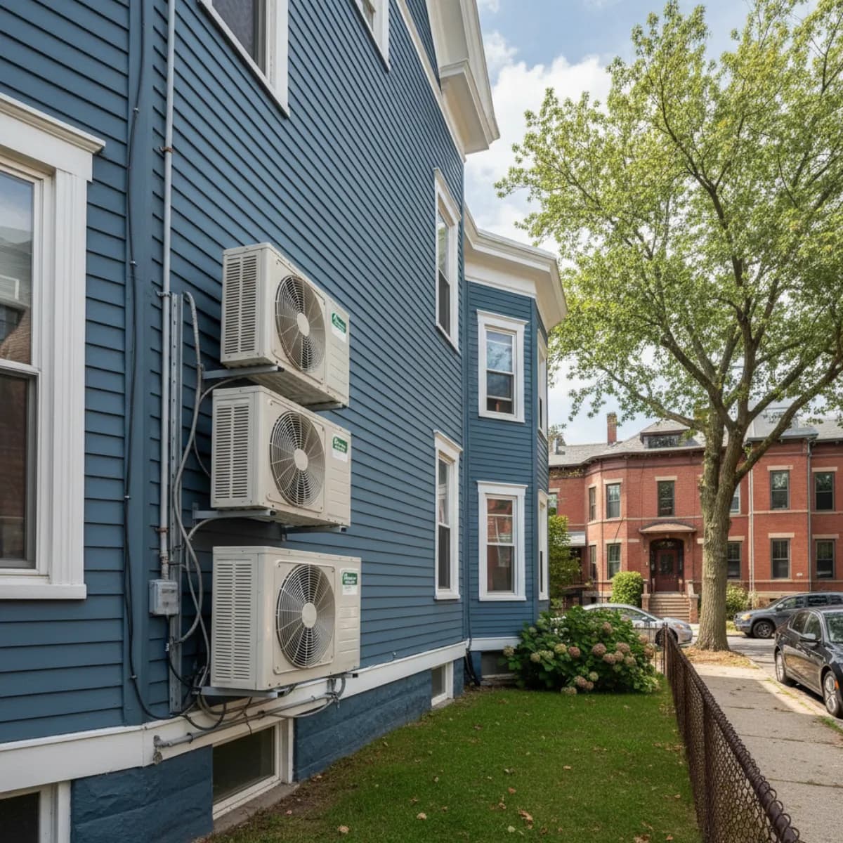 Mitsubishi Hyper-Heat heat pump installed on a Massachusetts Colonial home in winter