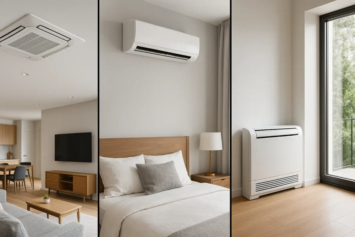Three-panel image showing ceiling cassette, wall mount, and floor console indoor units