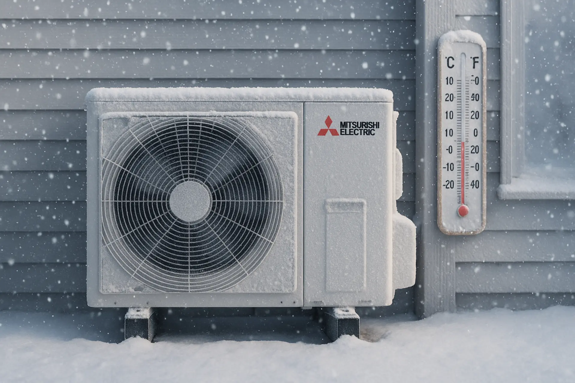 Heat pump outdoor unit in heavy snow
