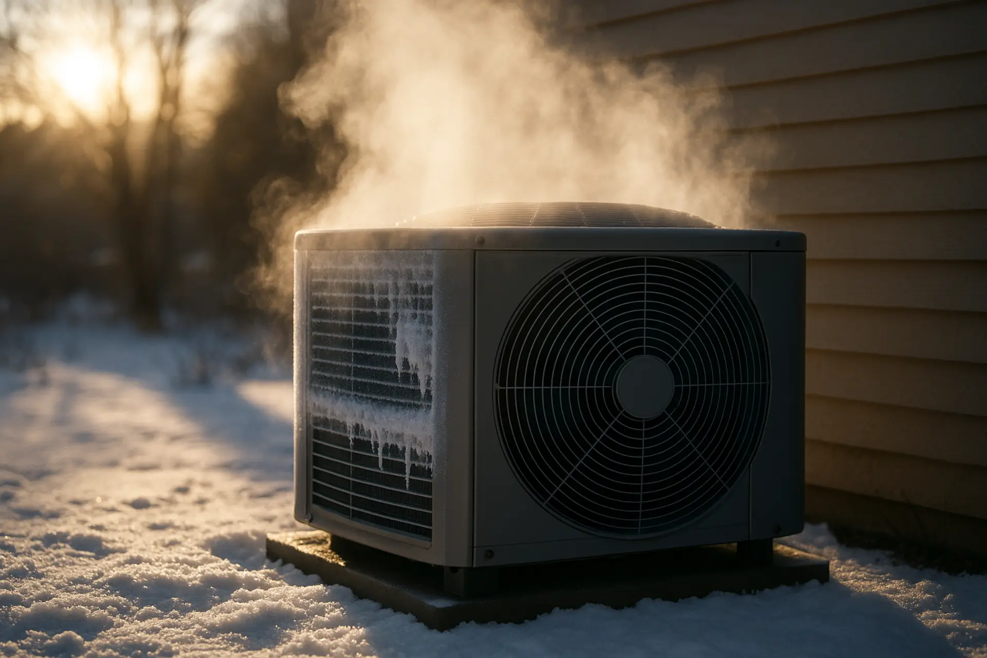 Heat pump outdoor unit with frost and steam during defrost cycle