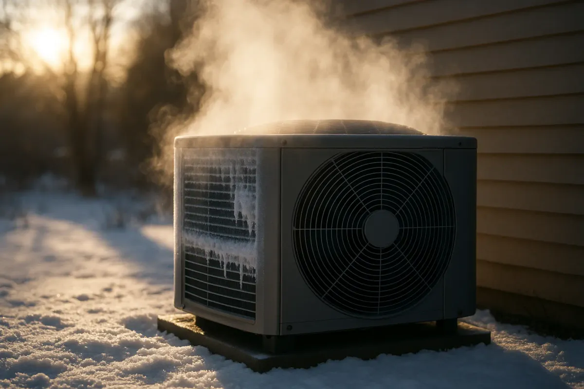 Heat pump during defrost cycle with steam