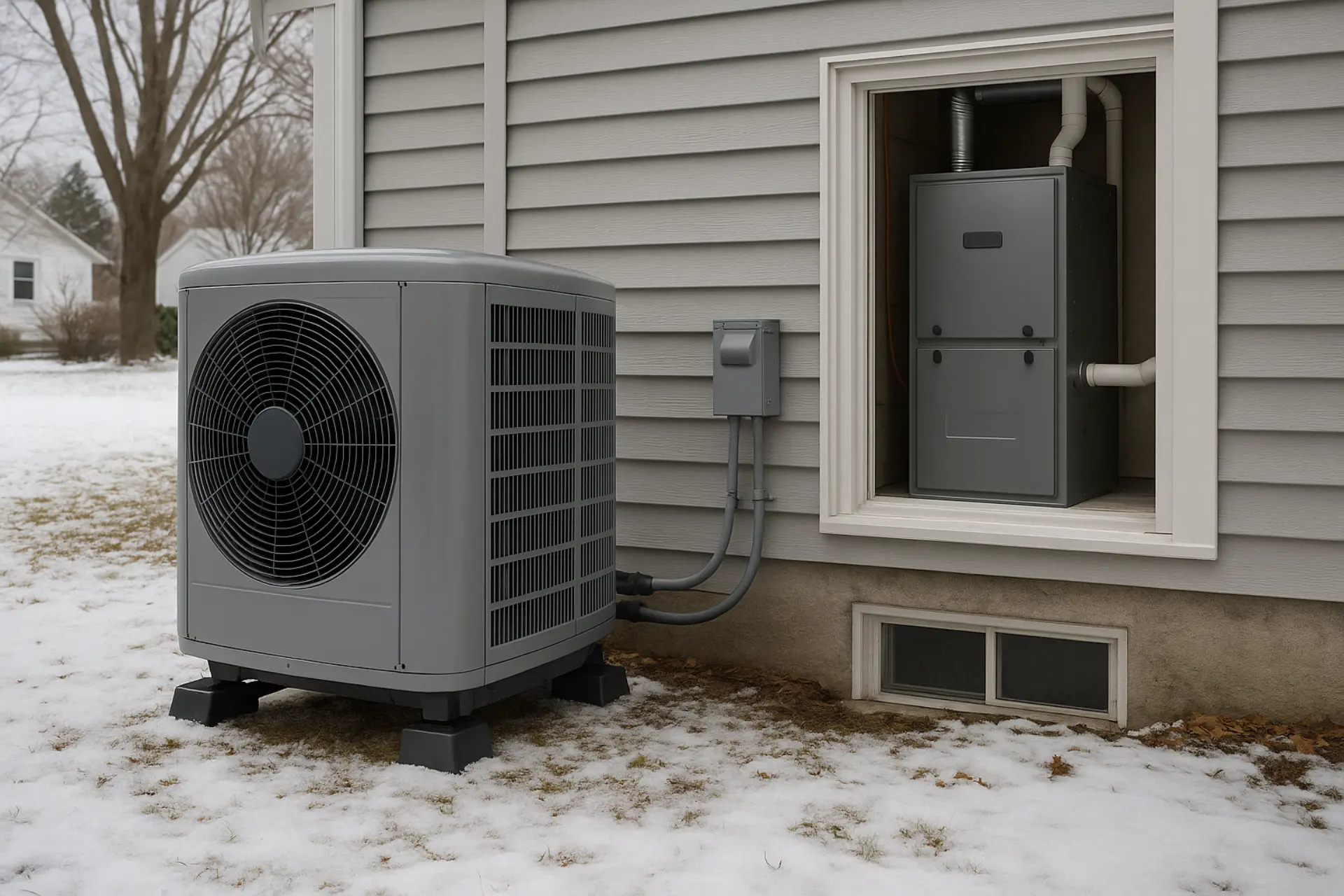 Ducted heat pump outdoor unit installed next to a home with existing furnace