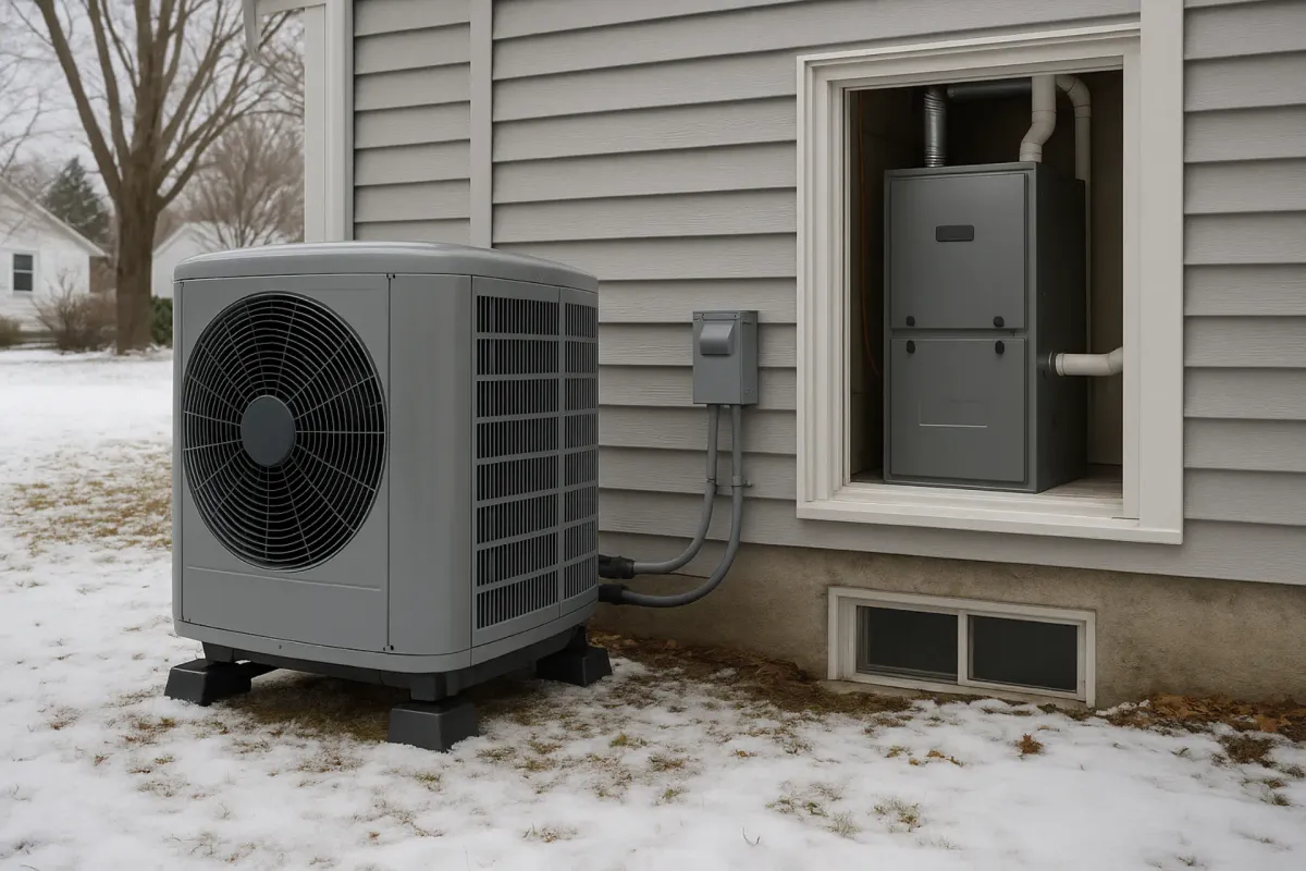Ducted heat pump outdoor unit installed next to a home with existing furnace