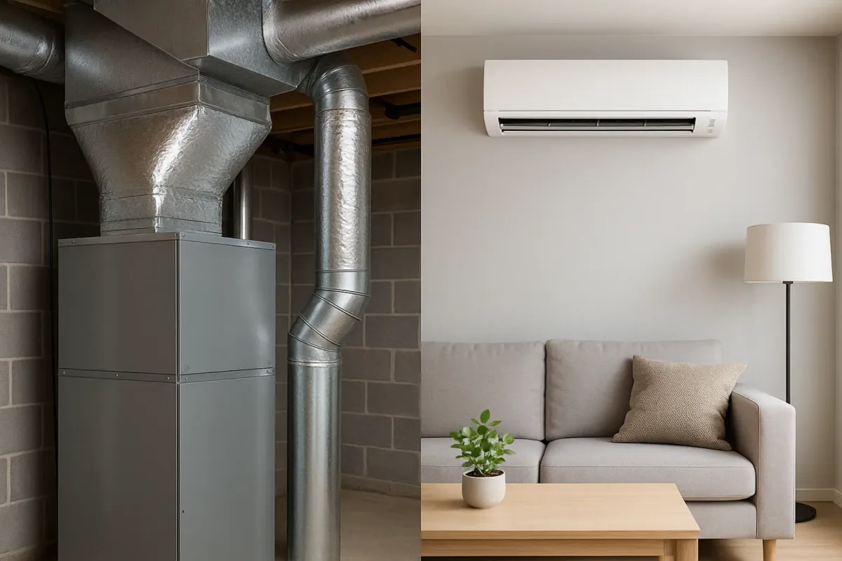 Split image showing ducted system and wall-mounted ductless unit