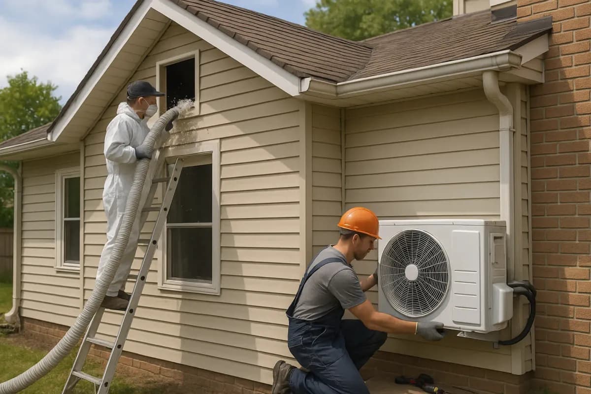 Home undergoing insulation upgrade with heat pump visible outside