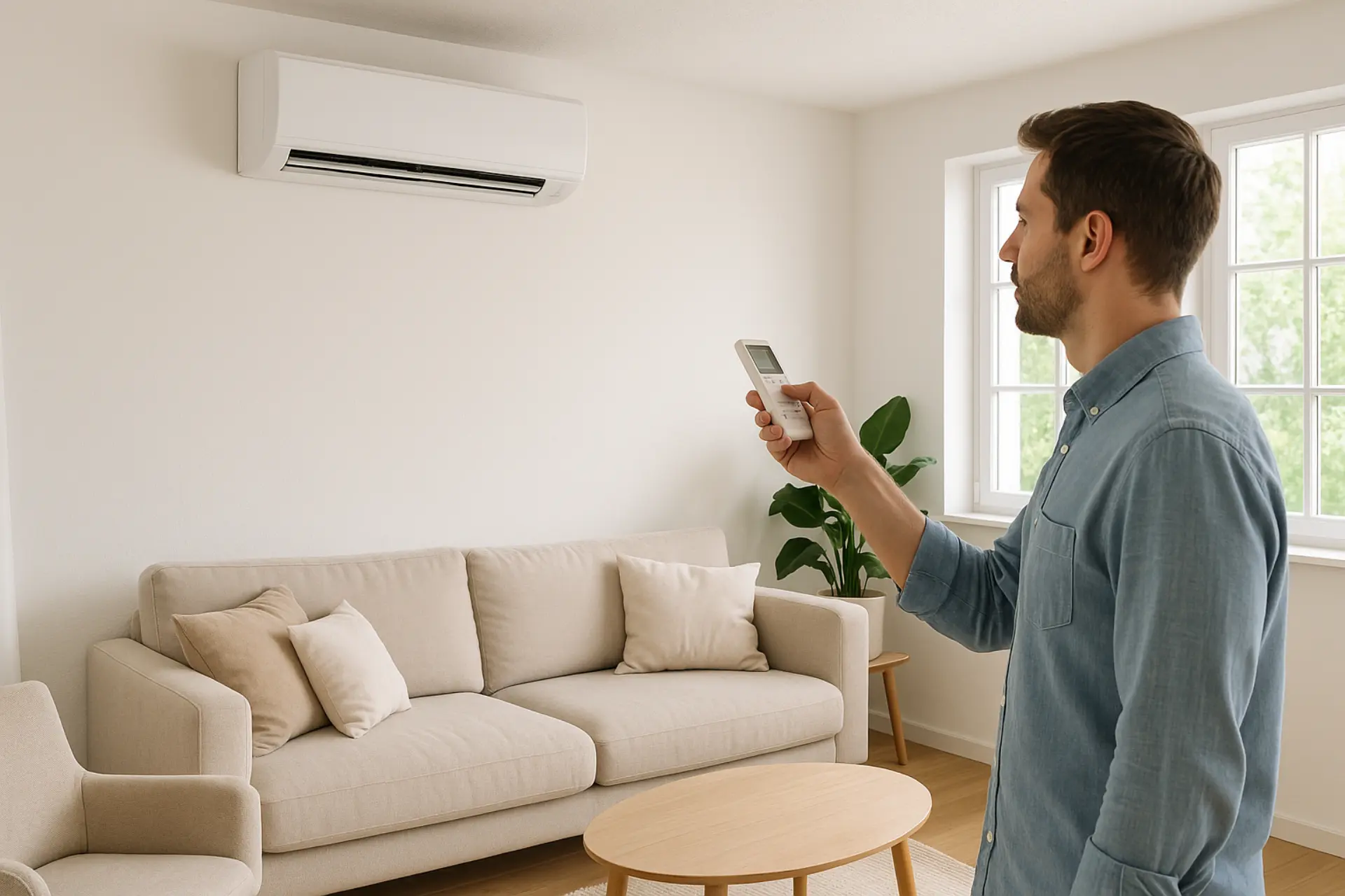 Ductless mini-split wall unit installed in modern living room