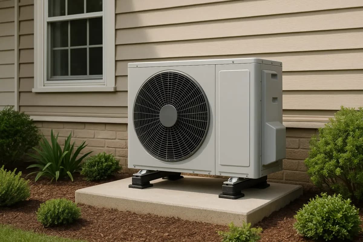 Heat pump outdoor unit on vibration isolating pad