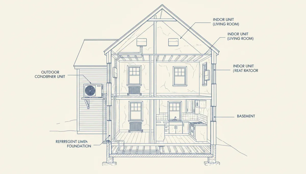Cutaway cross-section of an old New England Cape Cod home showing ductless mini-split heat pump installation with outdoor condenser, refrigerant lines, and indoor wall-mount units