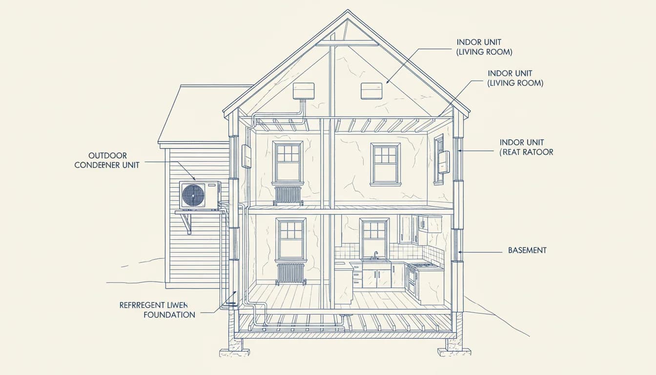 Cutaway cross-section of an old New England Cape Cod home showing ductless mini-split heat pump installation with outdoor condenser, refrigerant lines, and indoor wall-mount units