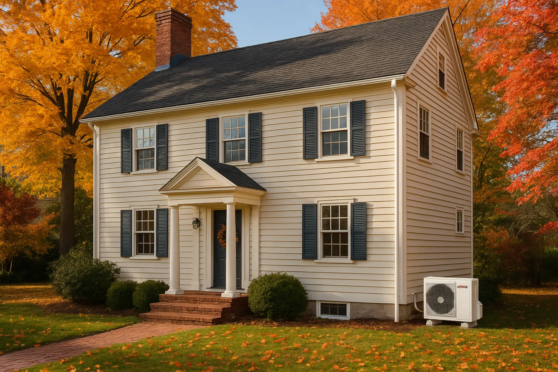 Pre-1950 New England colonial home with modern heat pump installation
