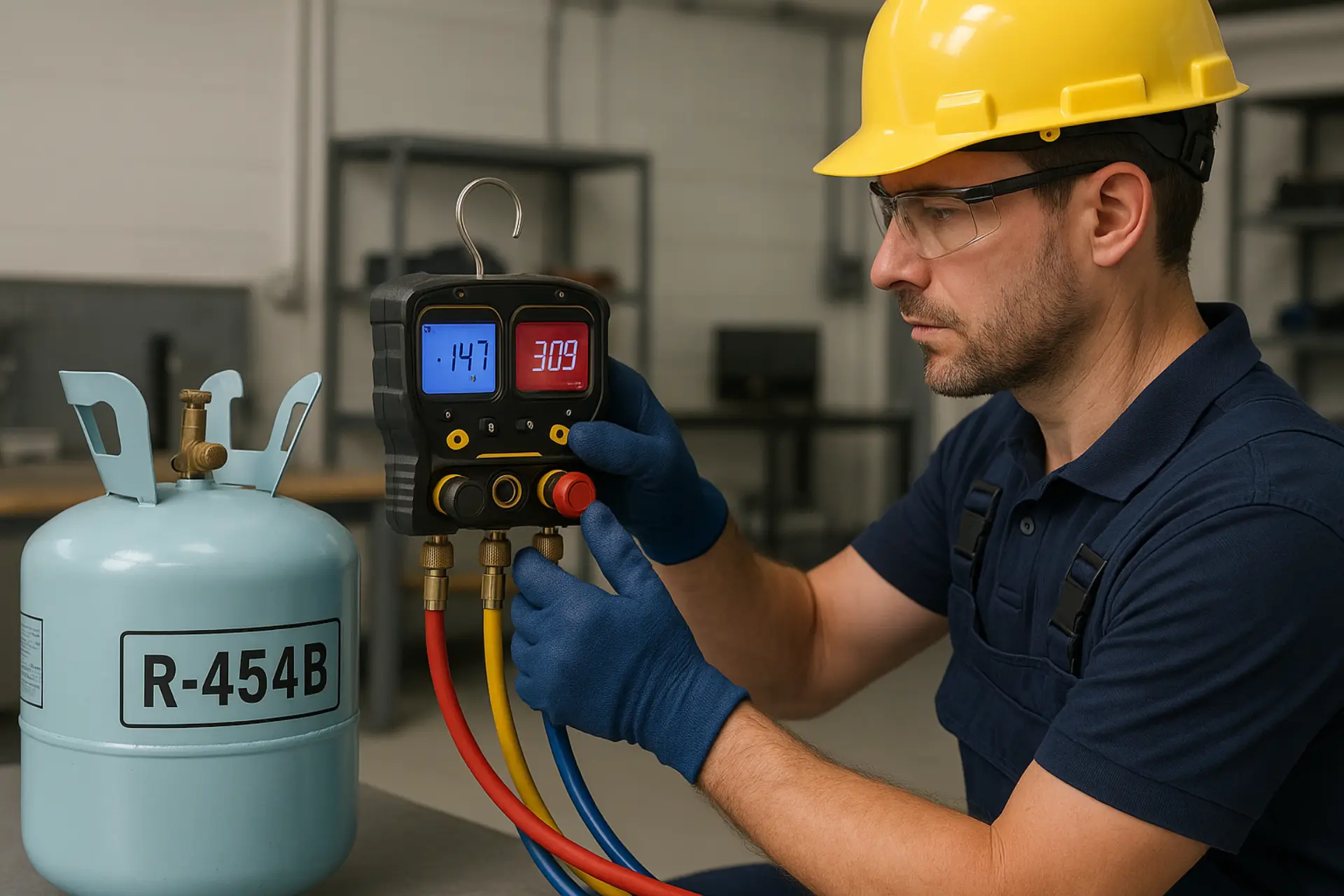HVAC technician handling refrigerant equipment