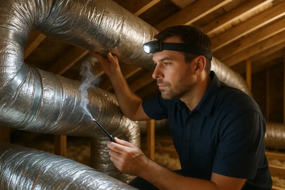 HVAC technician inspecting ductwork
