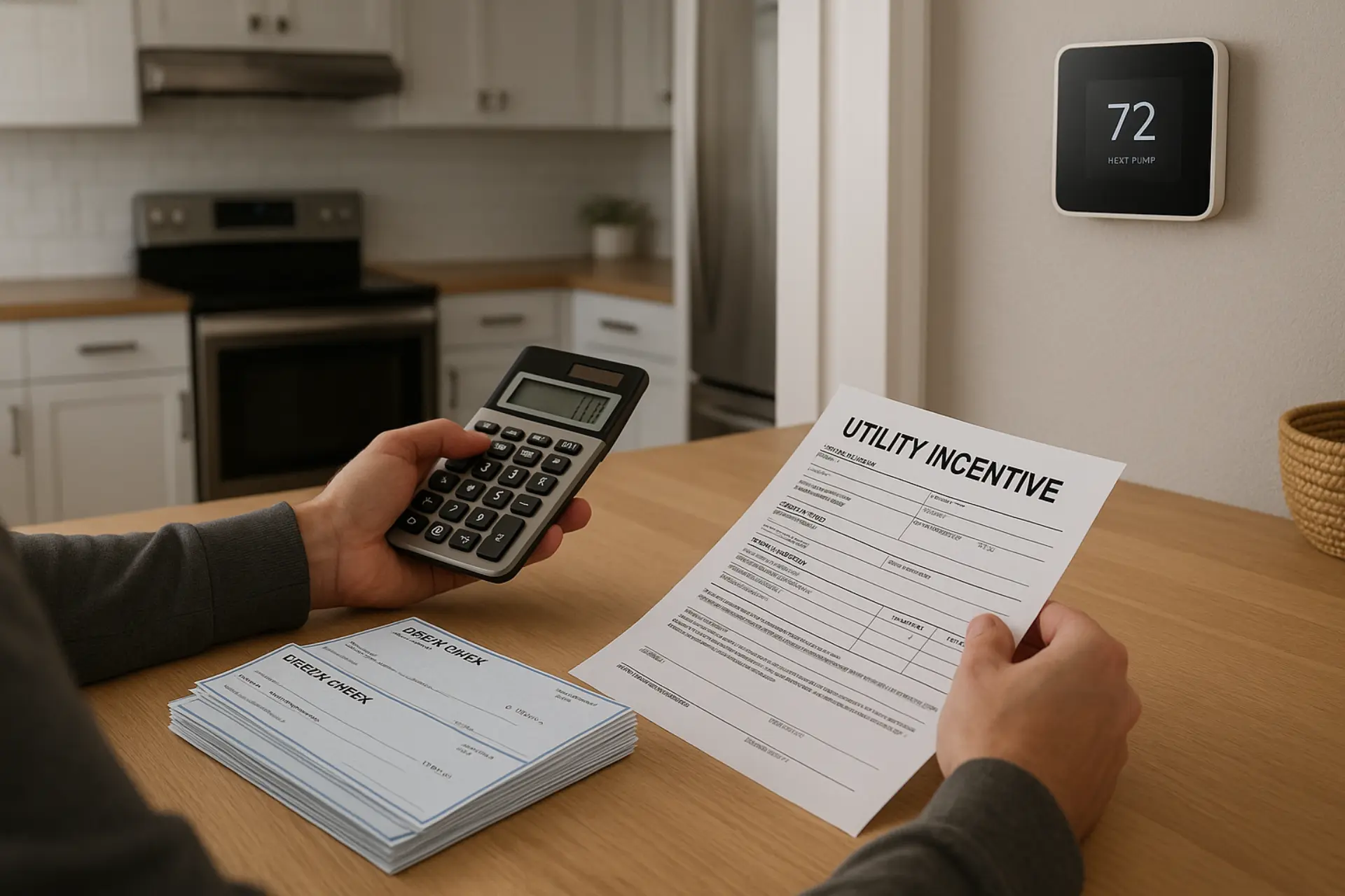 Stack of rebate forms and savings calculator