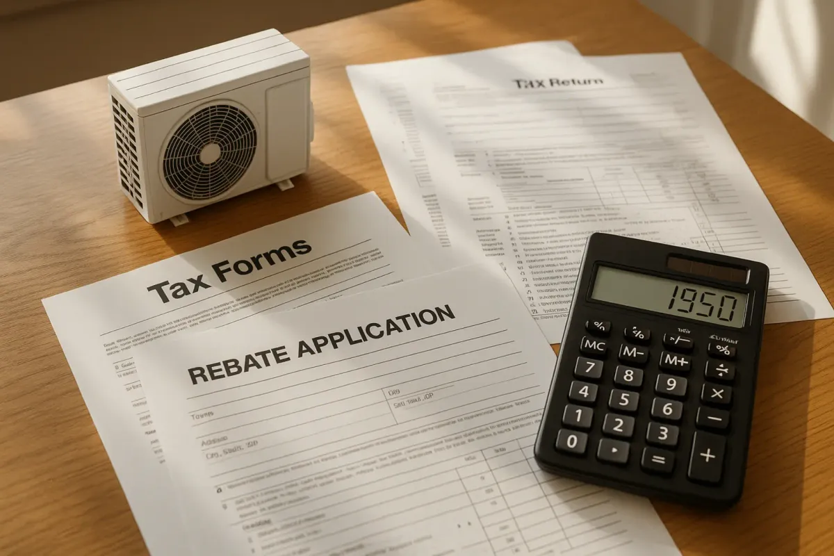 Tax documents and heat pump rebate forms on a desk