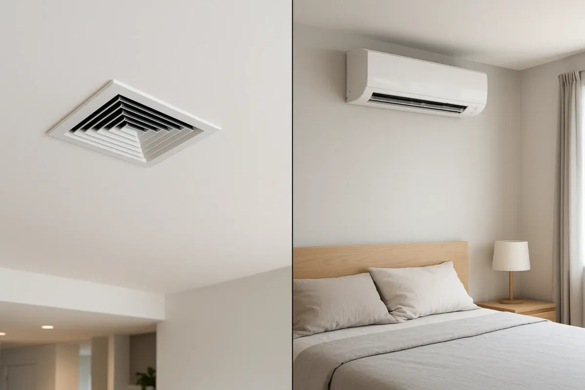 Split view of home with ductless wall units and central ducted vents