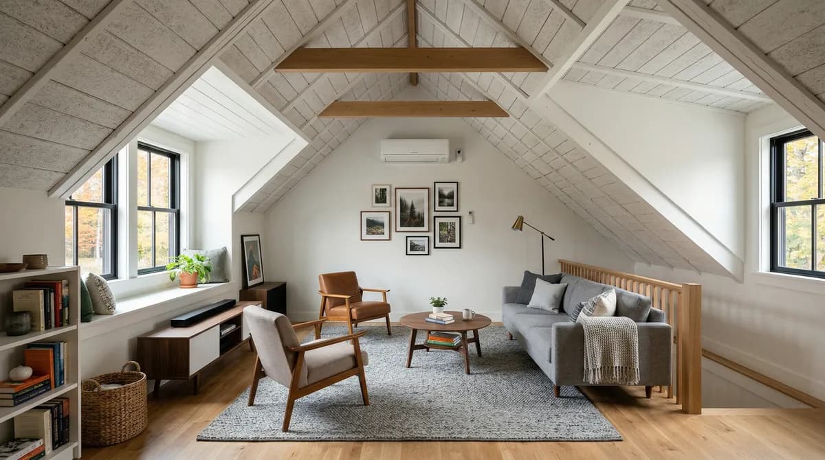 Above-garage bonus room in Massachusetts with mini-split heat pump and insulated ceiling