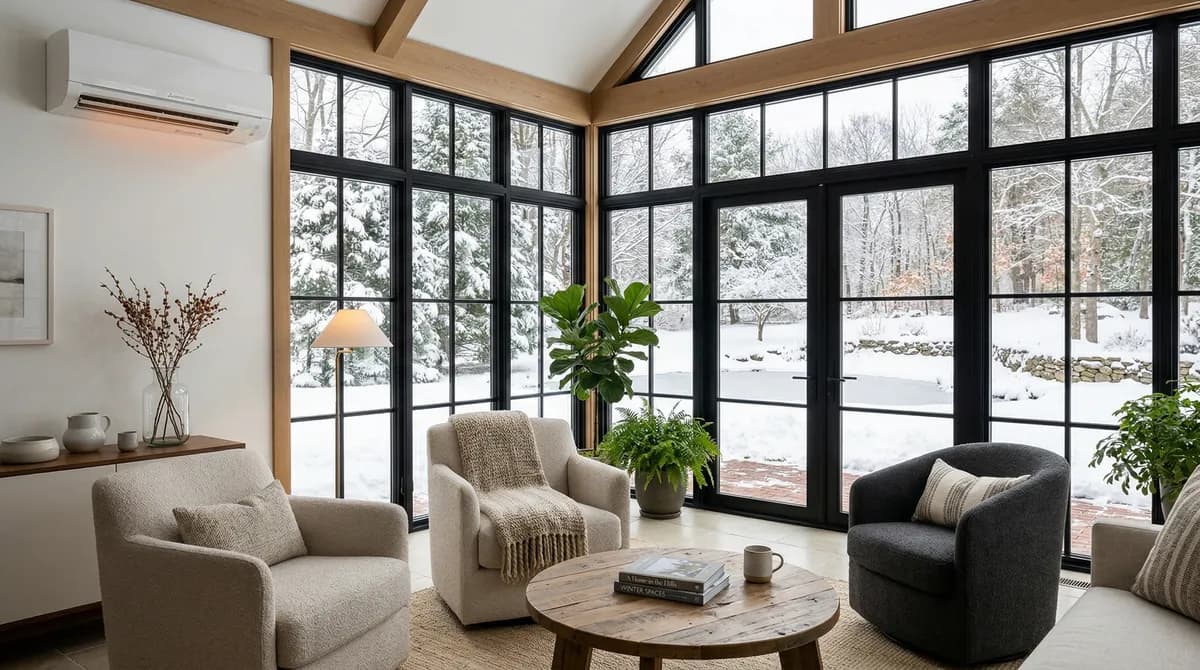 Mini-split heat pump installed in a bright Massachusetts sunroom with large windows and comfortable furniture