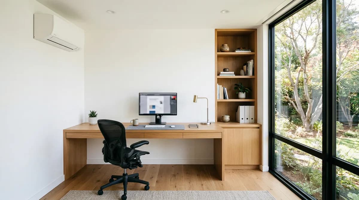 Home office addition in Massachusetts with mini-split heat pump providing year-round comfort