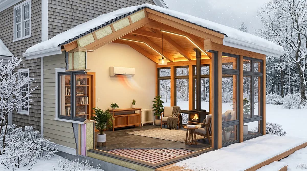 3-season to 4-season sunroom conversion in Massachusetts with mini-split heat pump, double-pane windows, and insulated walls
