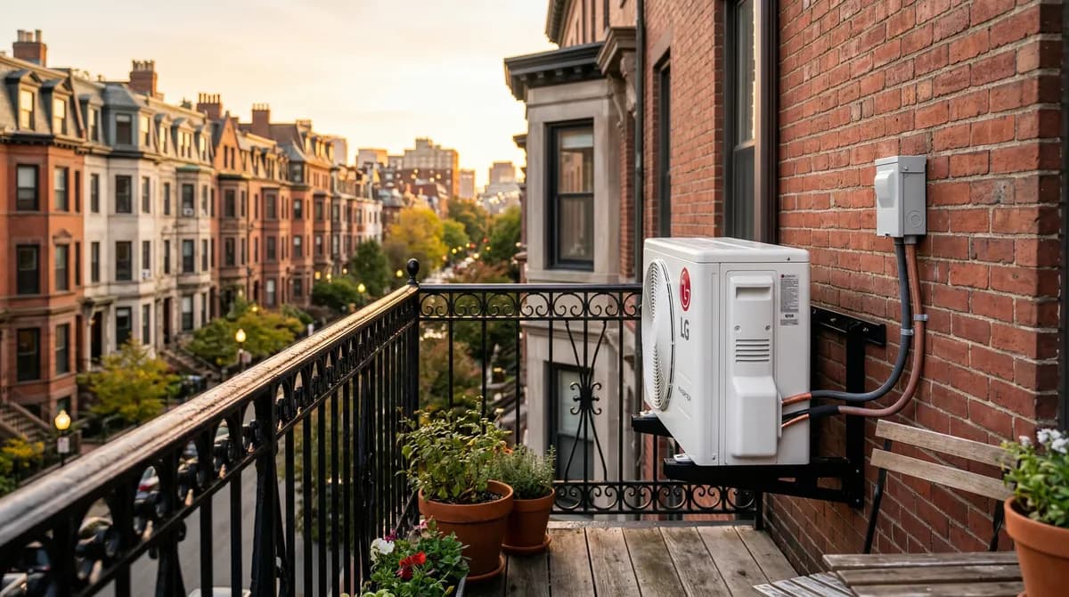 Heat pump outdoor unit installed on a Boston condo balcony with Back Bay brownstone skyline