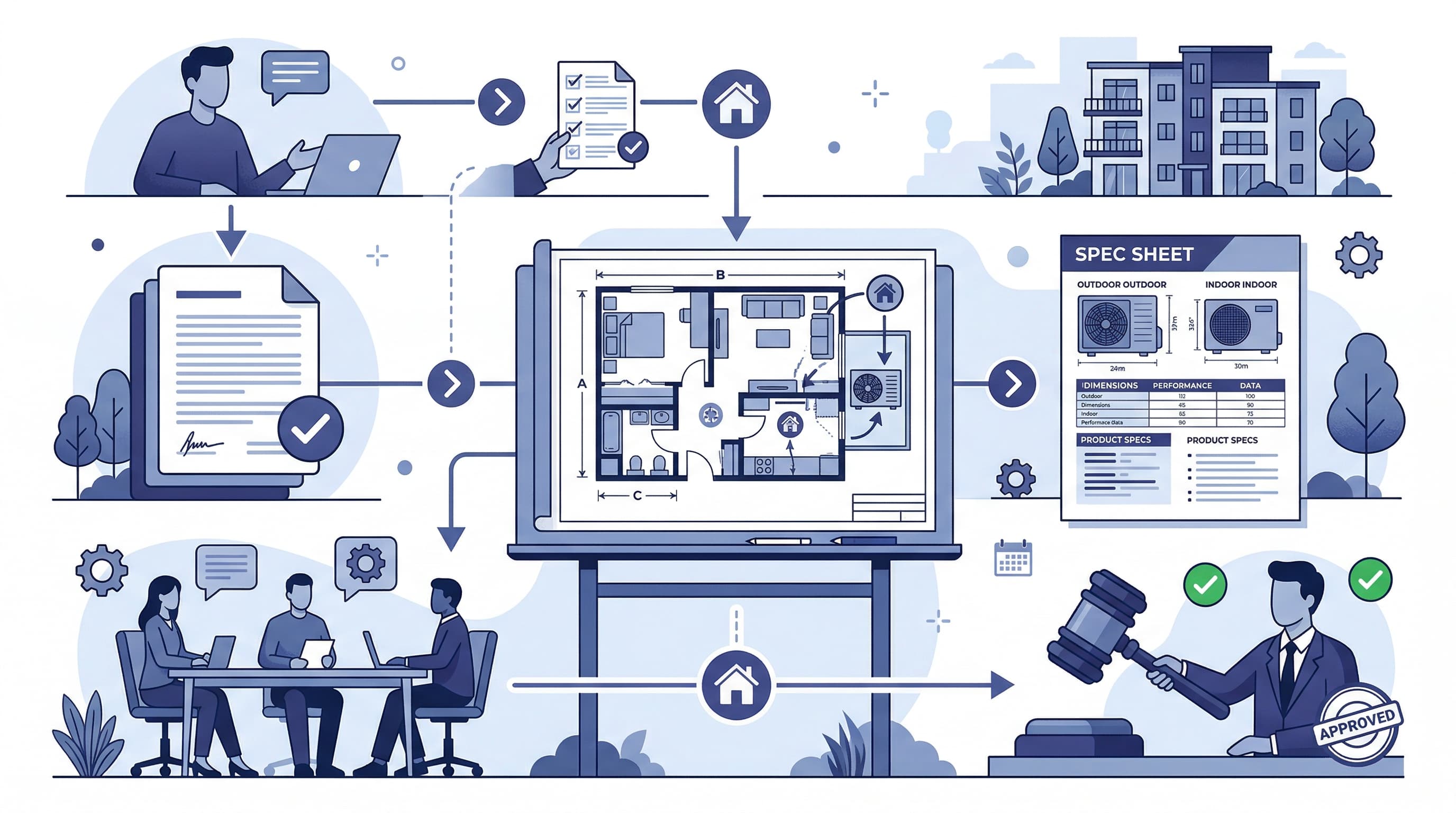 Condo HOA approval process illustration with documents, floor plan, and heat pump unit specs