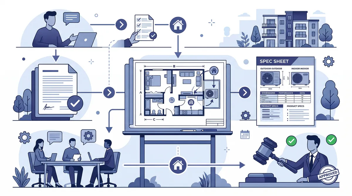 Condo HOA approval process illustration with documents, floor plan, and heat pump unit specs