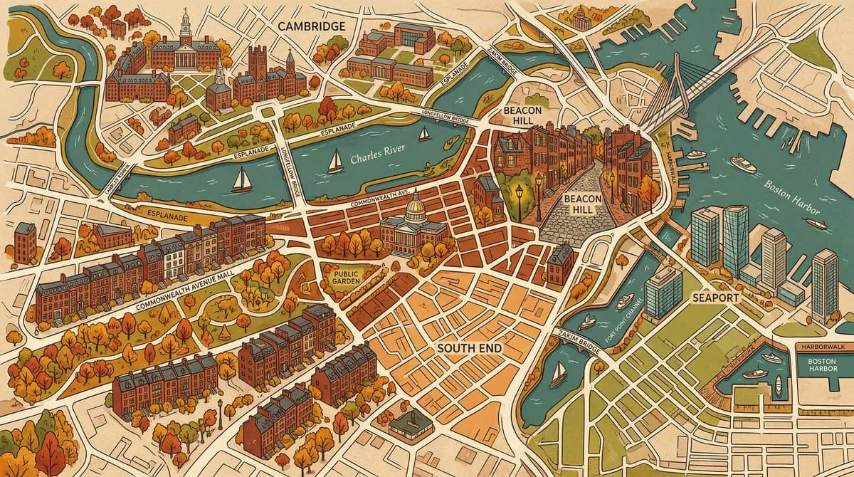 Map illustration of Boston neighborhoods showing heat pump installation difficulty levels from Back Bay to Seaport
