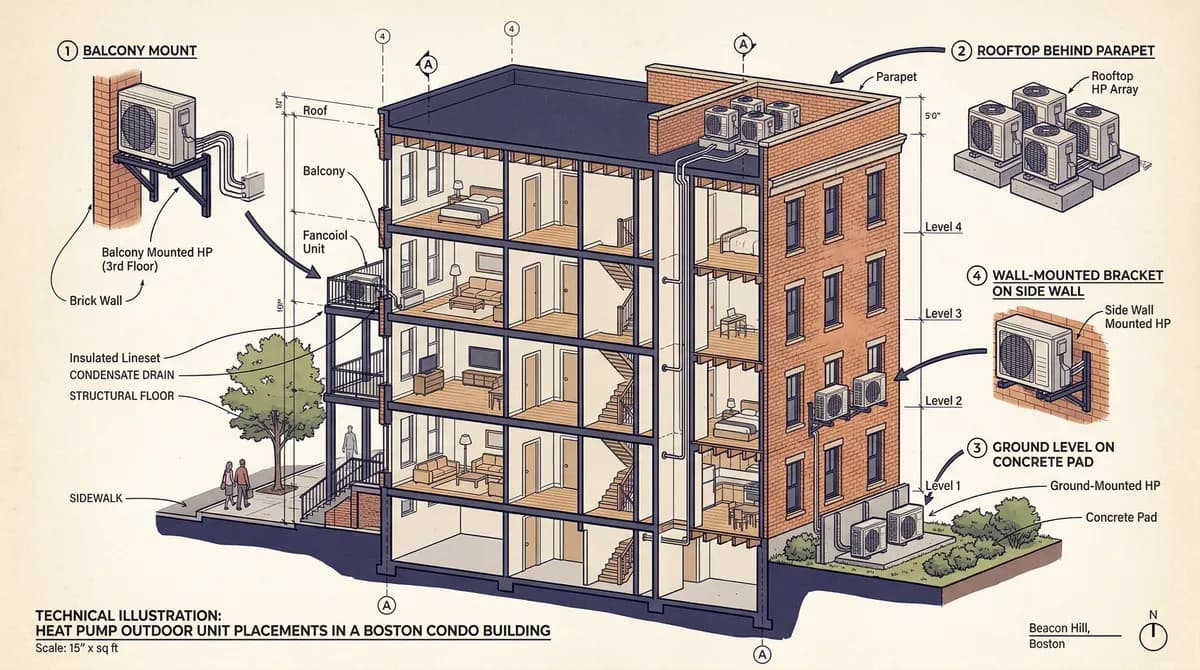Diagram showing four heat pump outdoor unit placement options for Boston condos: balcony, rooftop, ground level, and wall bracket