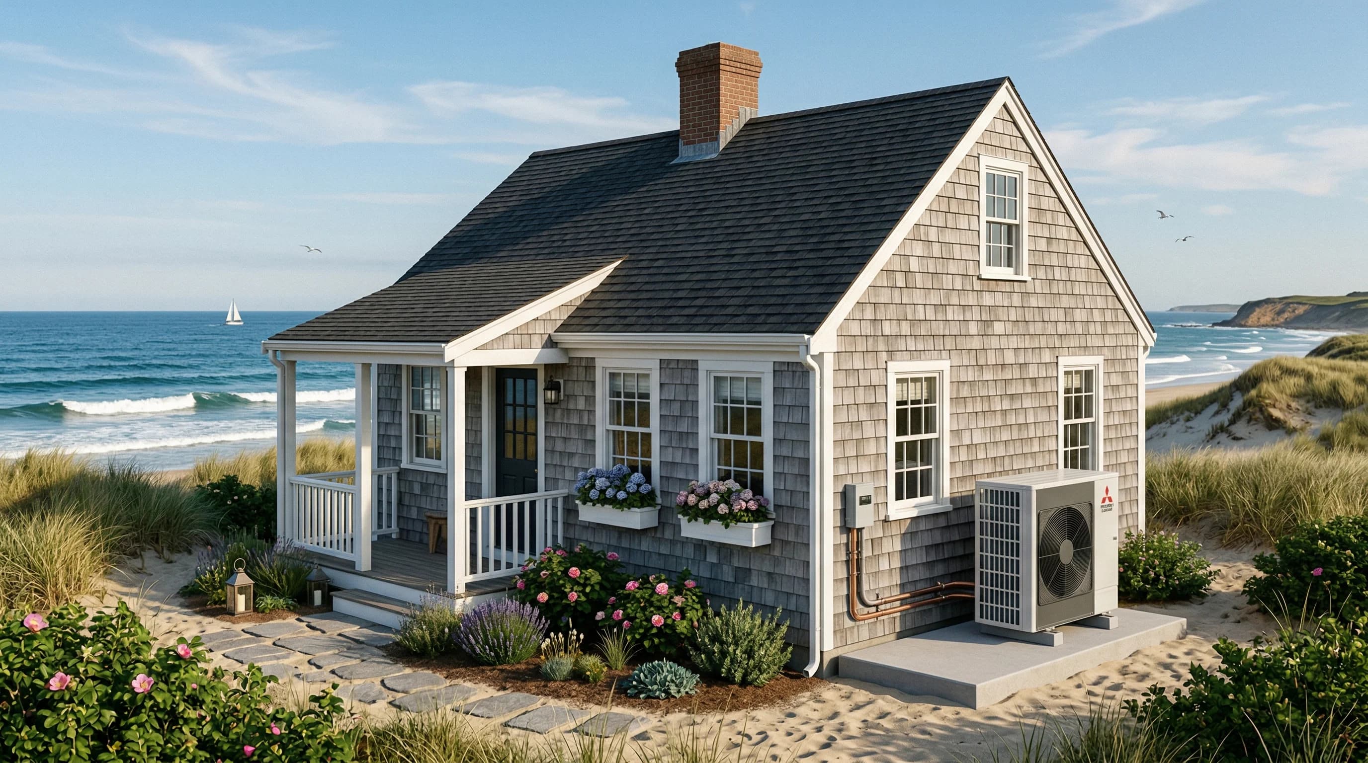 Heat pump installed at a Cape Cod coastal home with ocean view and corrosion-resistant coating