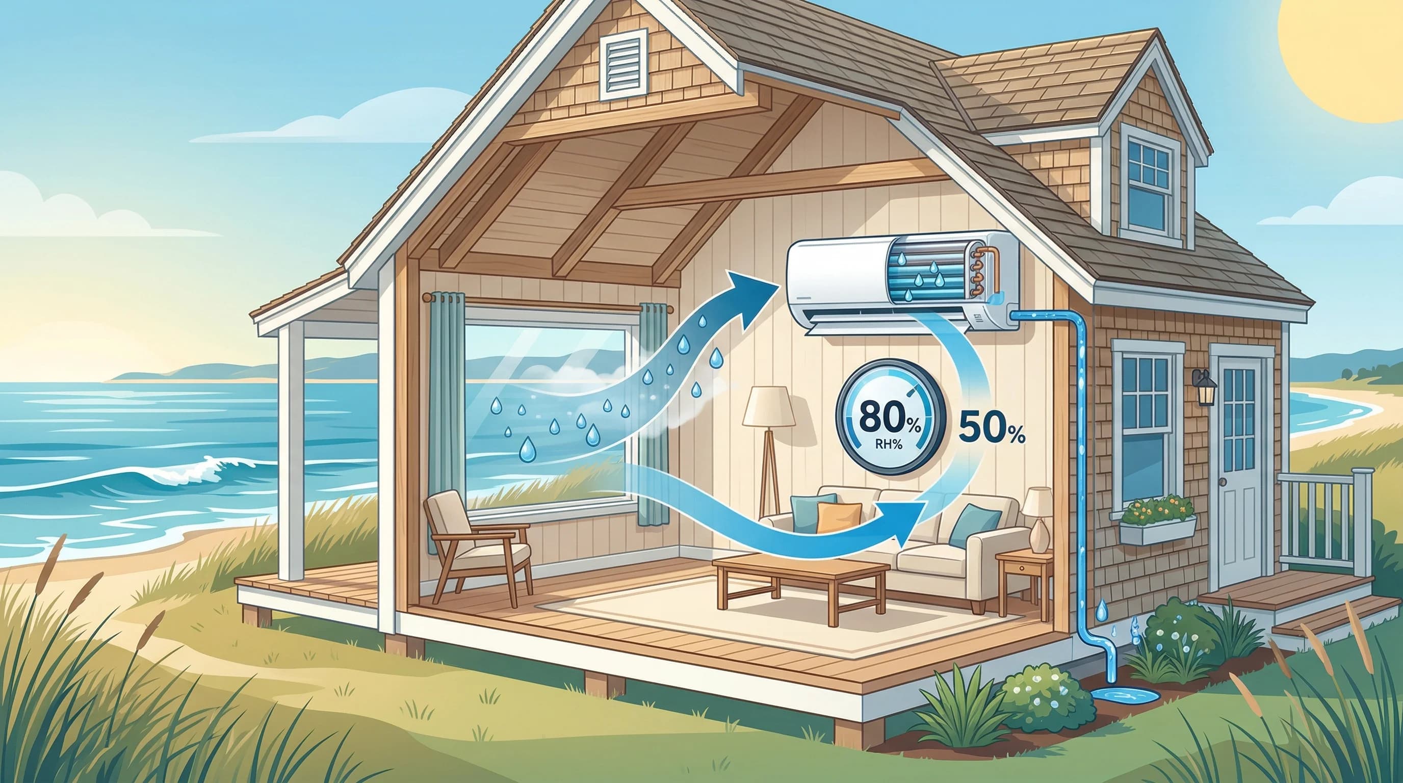 Heat pump Dry Mode dehumidification diagram for Cape Cod coastal humidity