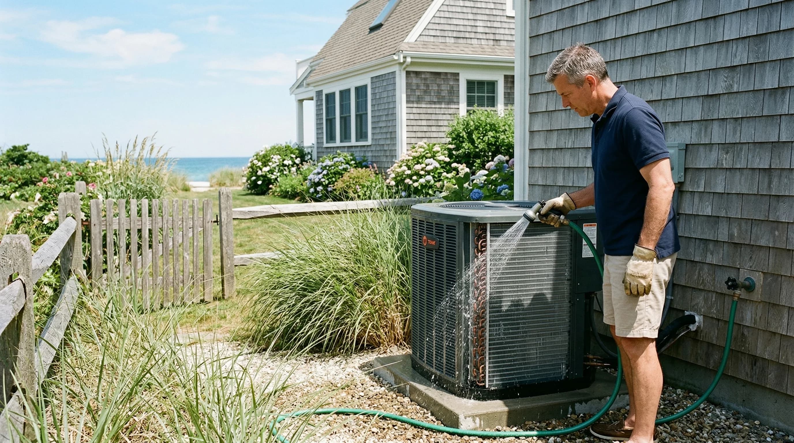 Coastal heat pump maintenance schedule showing quarterly salt rinse and annual professional service