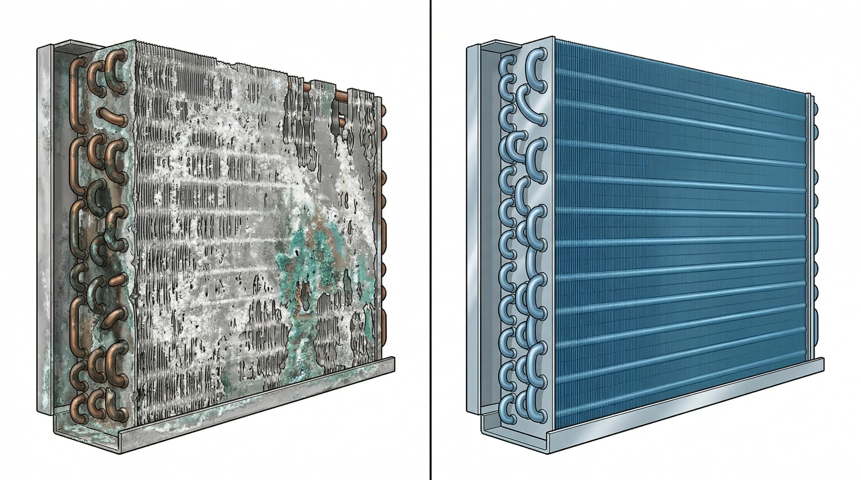 Comparison of corroded vs coated heat pump coil fins showing salt air damage on Cape Cod