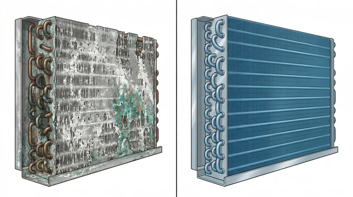Comparison of corroded vs coated heat pump coil fins showing salt air damage on Cape Cod