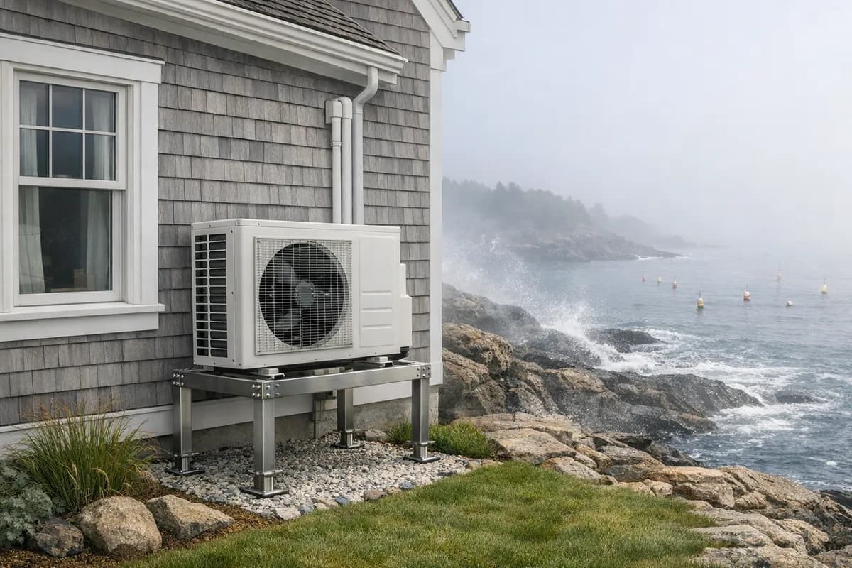 Heat pump on coastal Maine home with ocean in background