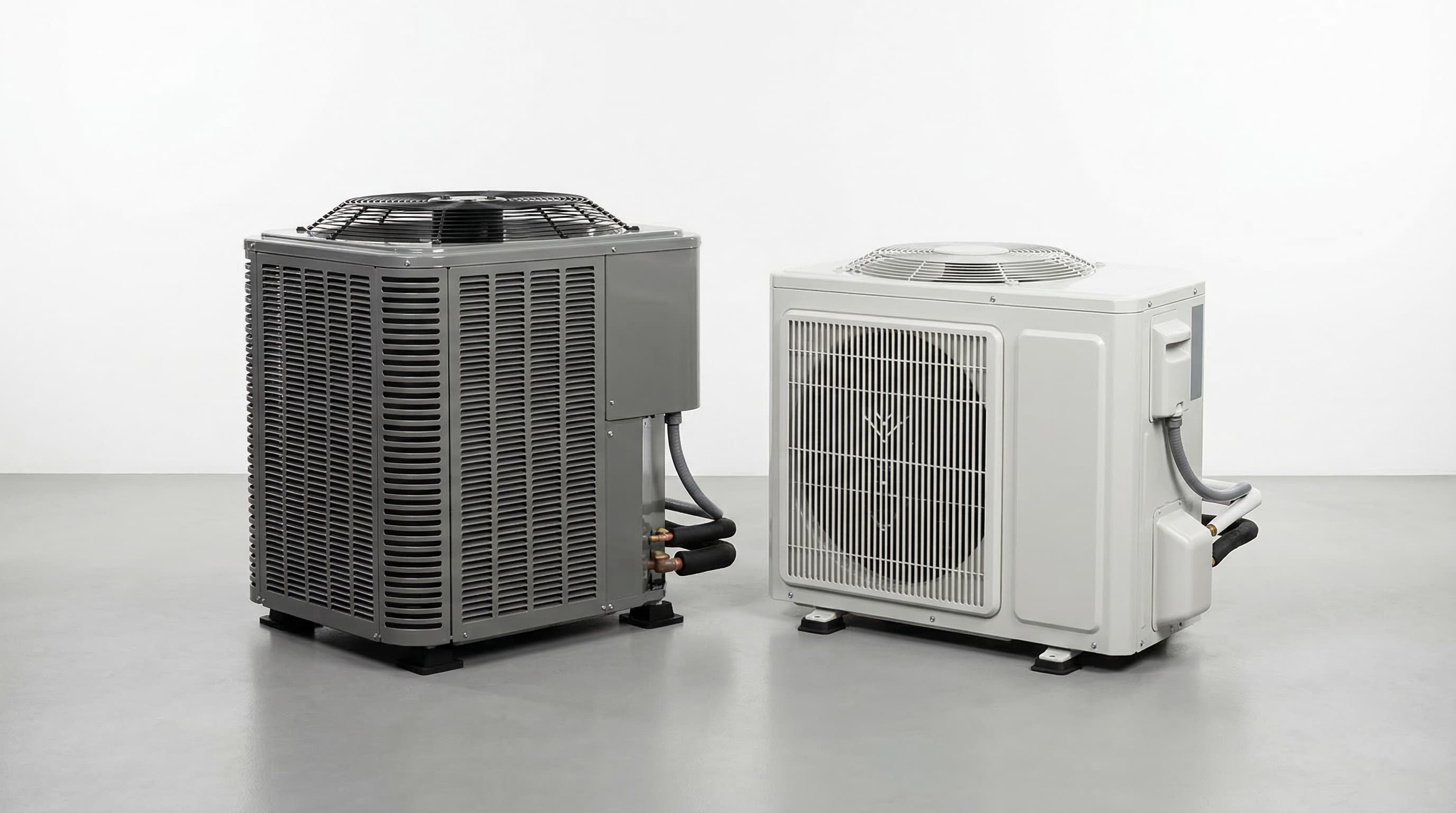 Two modern heat pump outdoor units side by side for comparison
