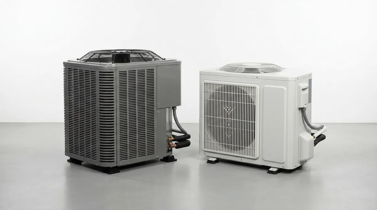 Two modern heat pump outdoor units side by side for comparison