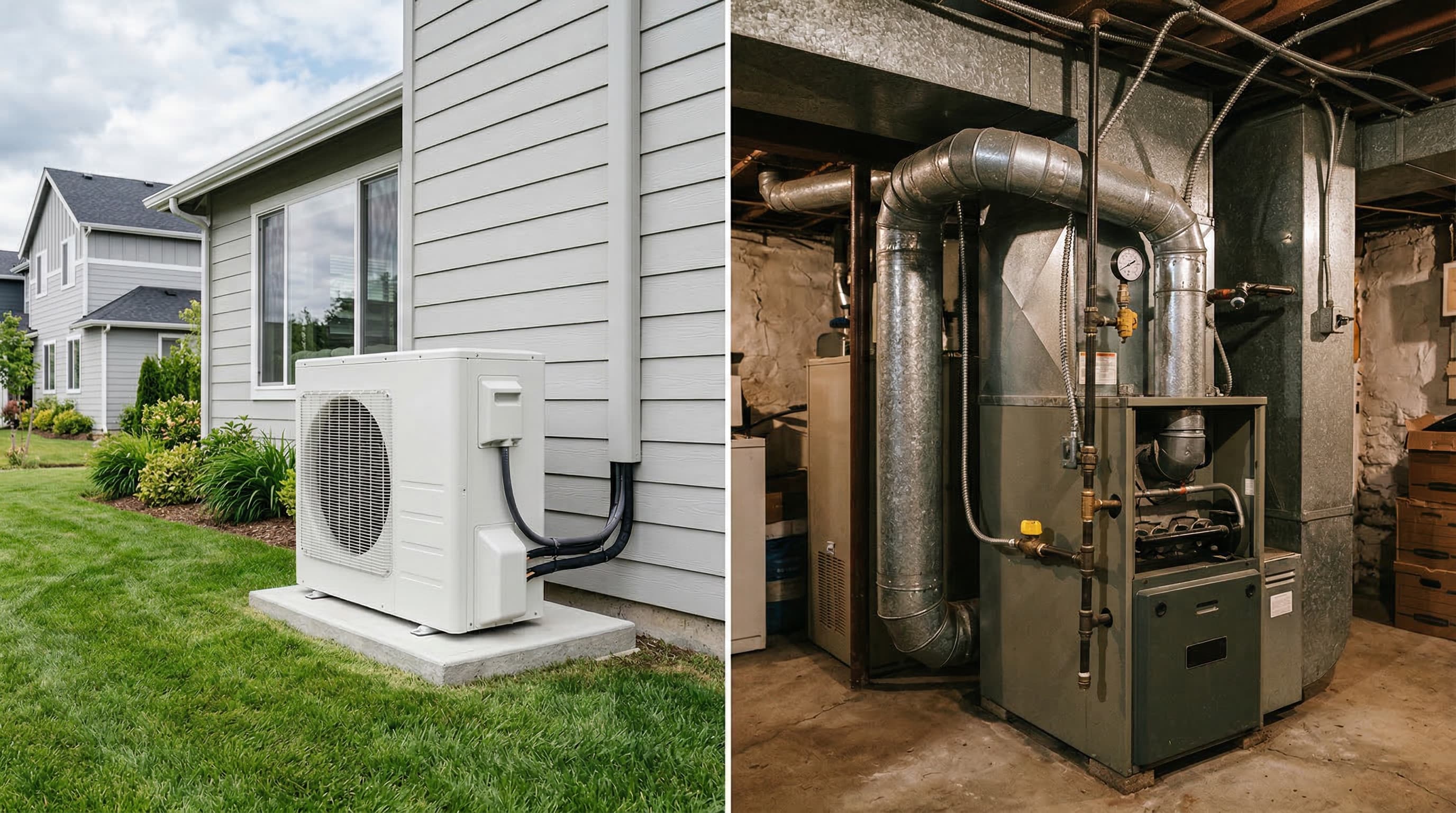 Modern heat pump outdoor unit next to a home vs traditional gas furnace in a utility room