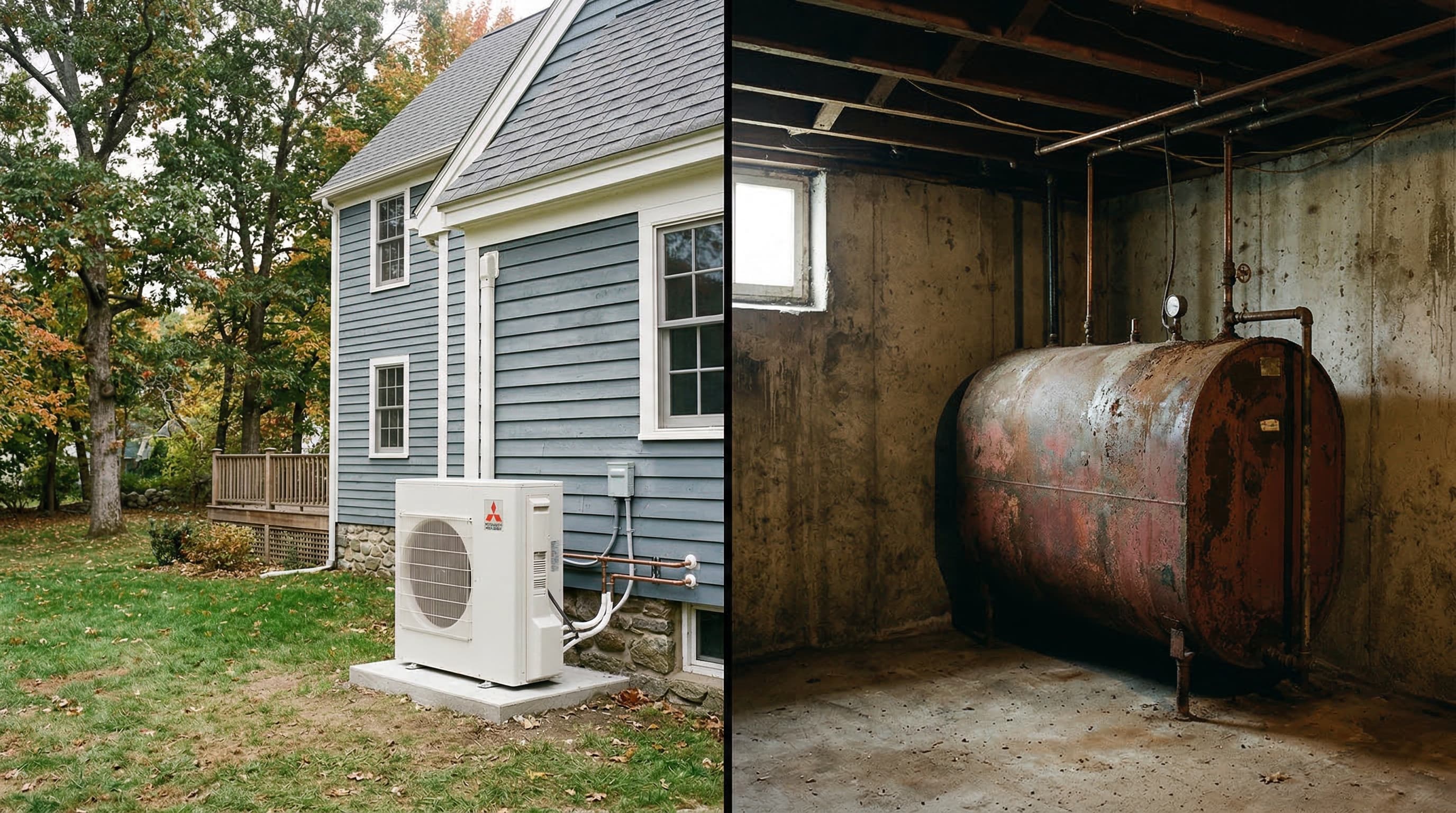 Modern heat pump next to a New England home vs old oil tank in a basement