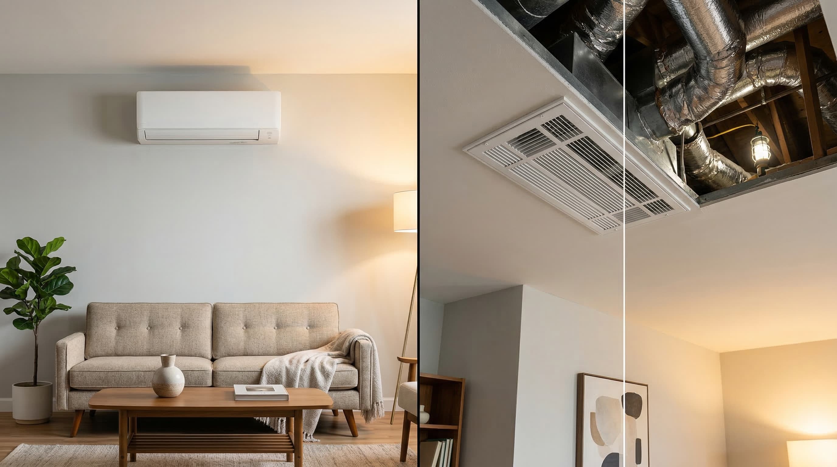 Wall-mounted ductless mini split in a living room vs ceiling air vent with ductwork